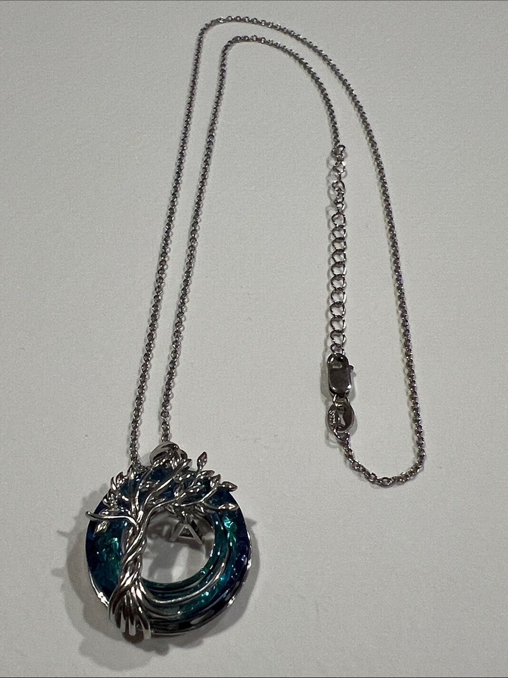 Sterling Silver Tree of Life Blue Teal Circle Pendant Necklace with ‘A’ Initial